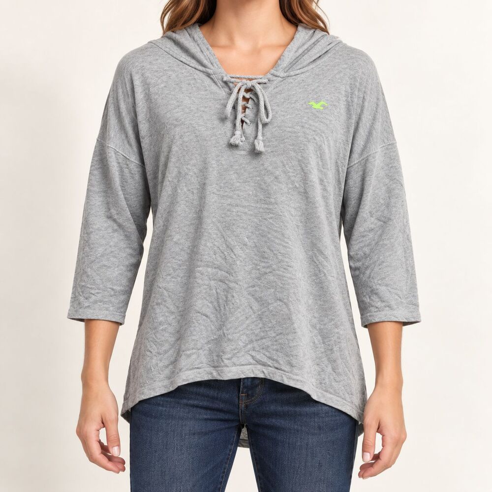 Hollister Women’s M Gray Lace-Up Hooded High-Low Oversized Top